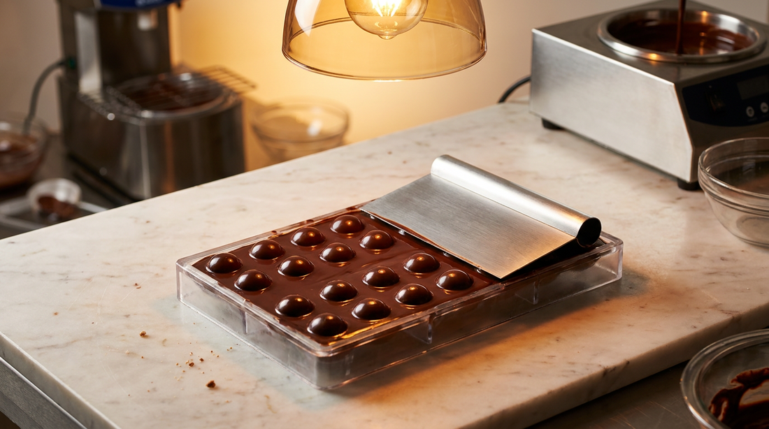 Polycarbonate bonbon mould filled with tempered dark chocolate, used to calculate chocolate quantities