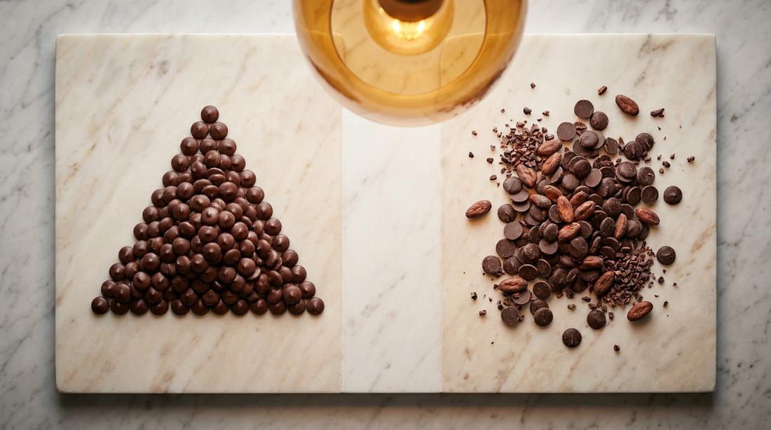 Uniform chocolate callets beside cocoa beans, comparing Callebaut consistency with Cacao Barry origin