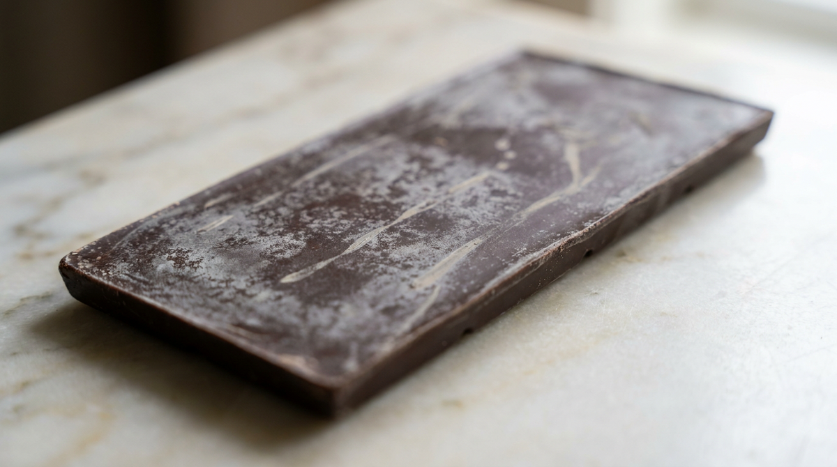Dark chocolate bar with fat bloom showing a dull greyish white film on the surface