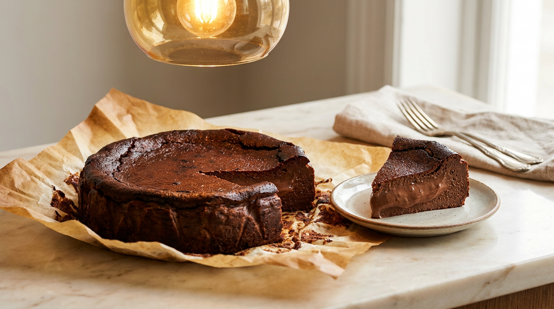 Chocolate Basque burnt cheesecake, ganache layer cake and moulded bonbons made with different couverture recipes