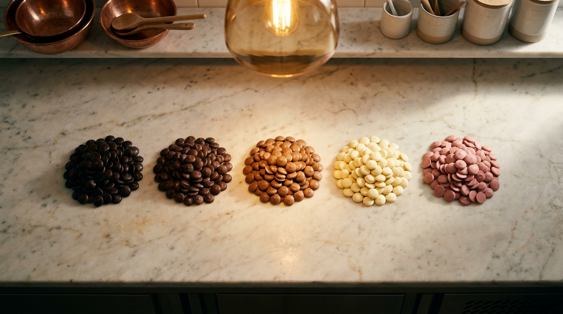 Five different chocolate callets side by side on marble: dark, intense dark, milk, white and ruby