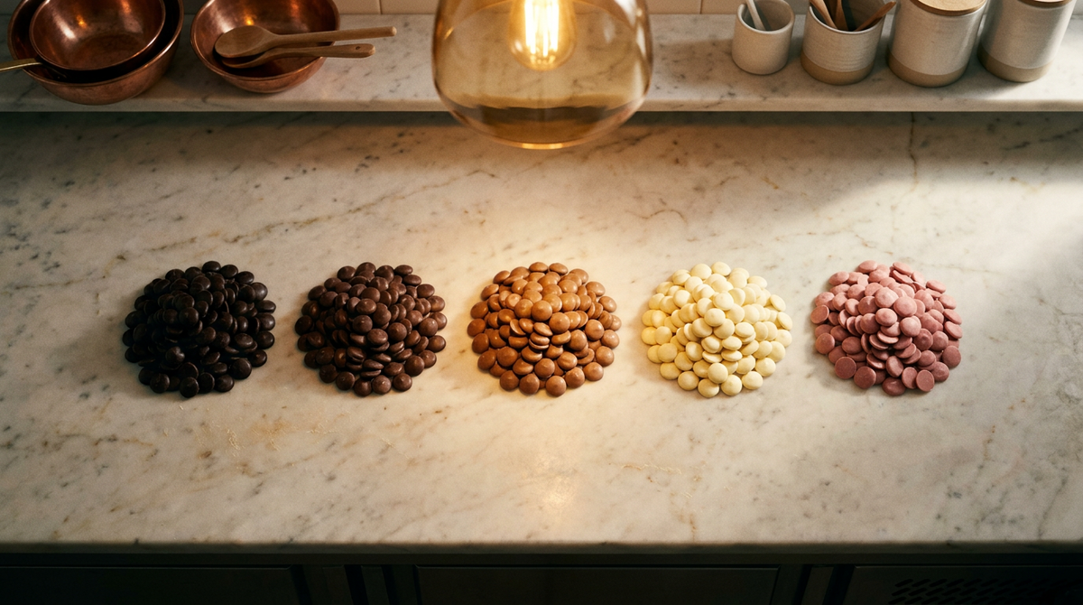 Five different chocolate callets side by side on marble: dark, intense dark, milk, white and ruby