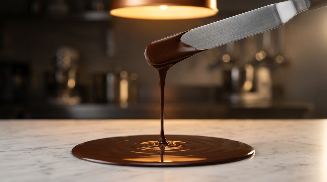 Highly fluid melted dark chocolate running off a palette knife in a thin ribbon onto marble