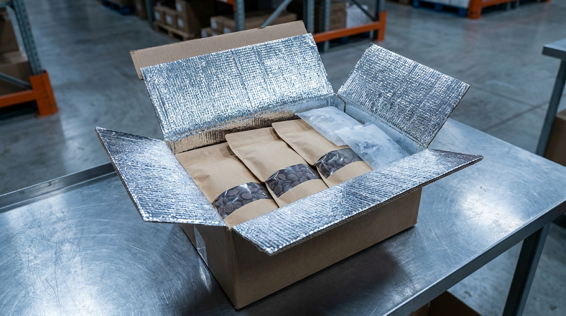 Insulated shipping box with thermal liner and cold packs used for summer chocolate delivery in Canada