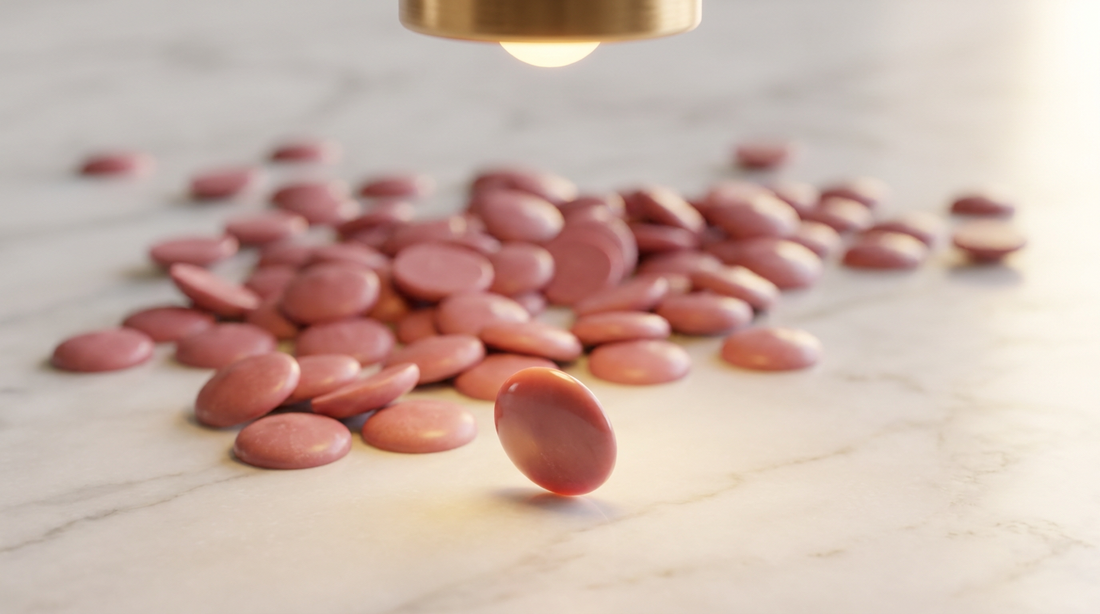 Ruby chocolate callets in their natural dusty rose pink colour on marble