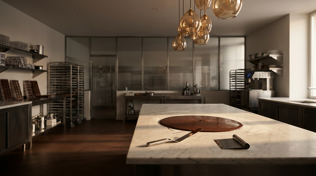 Marble tempering bench in a professional chocolate kitchen with tempered dark chocolate, a palette knife and a steel scraper