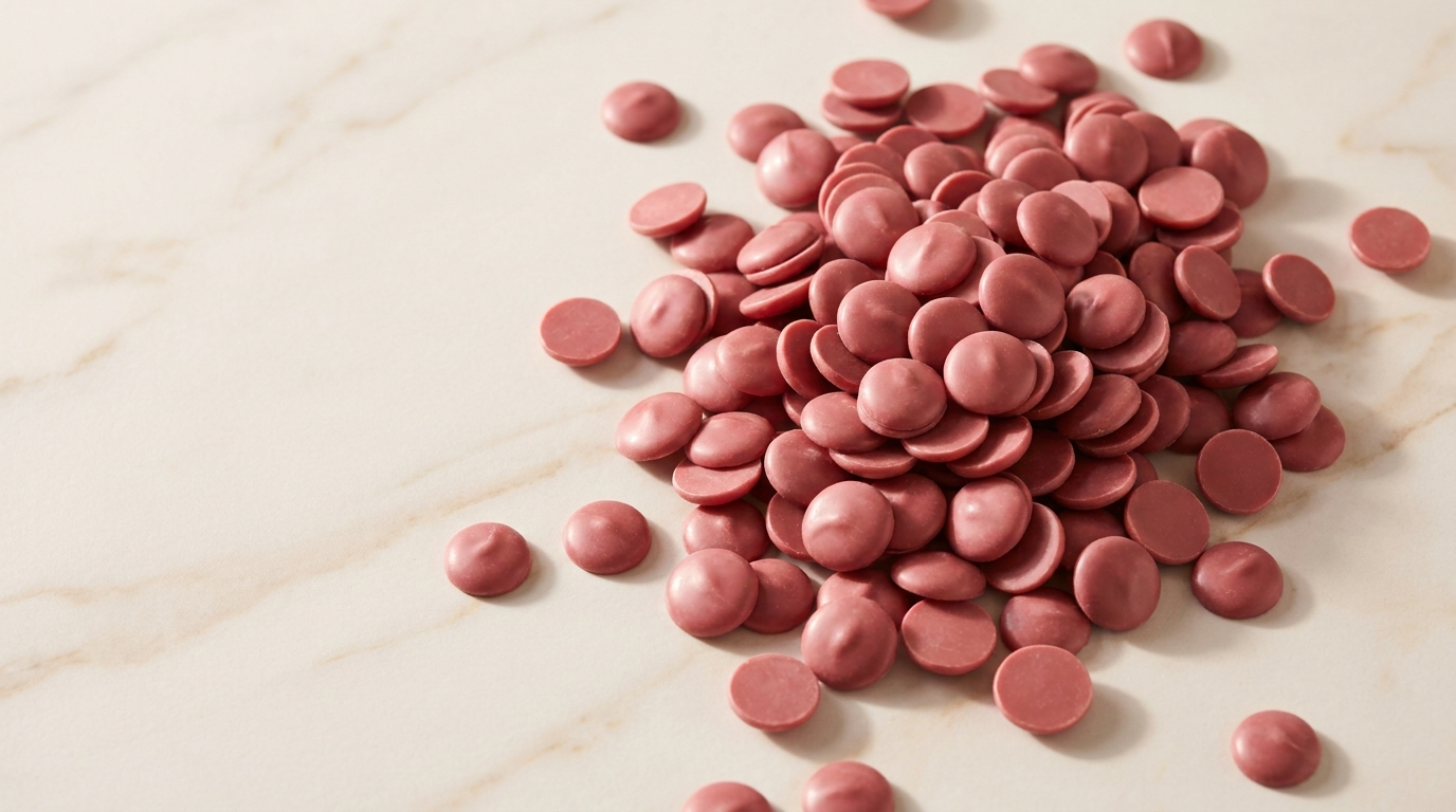 Ruby chocolate callets in natural rose pink on marble