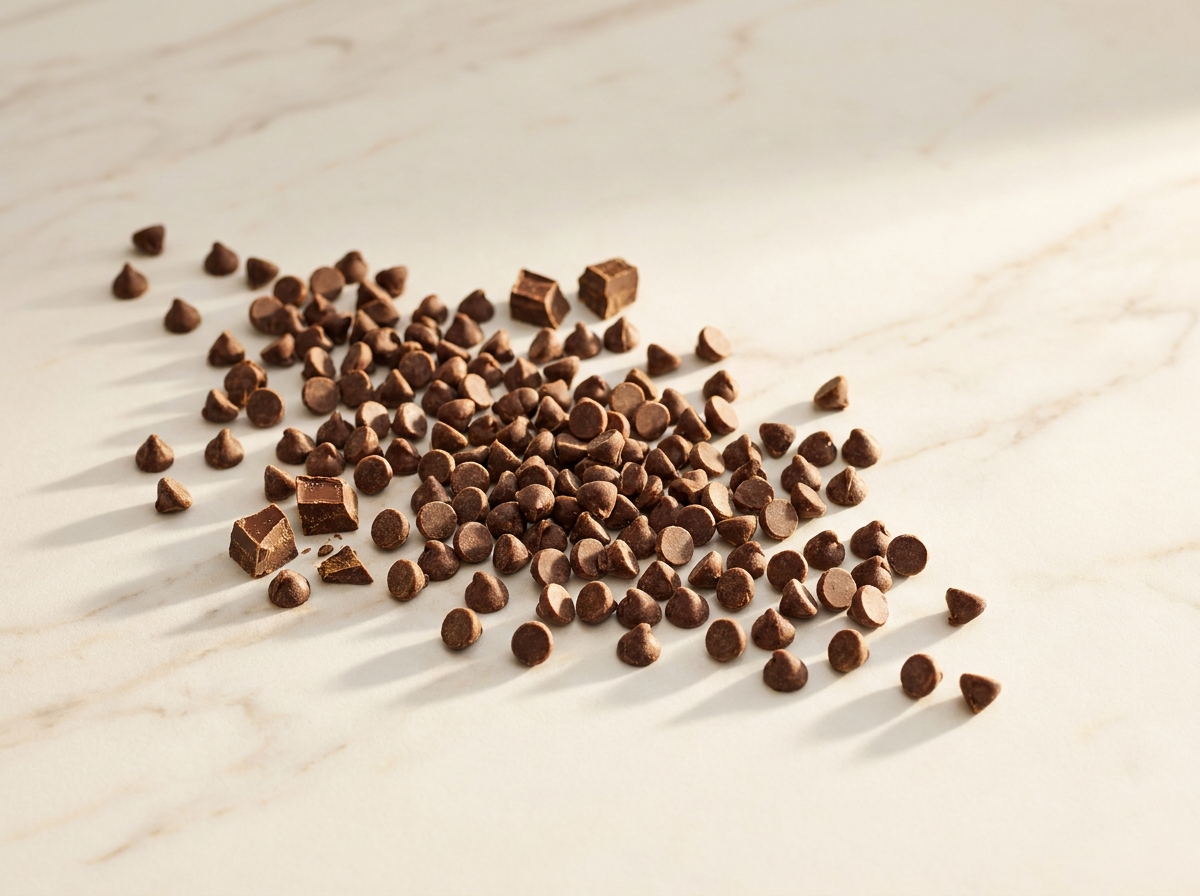 Bake-stable chocolate chips and chopped chunks on marble