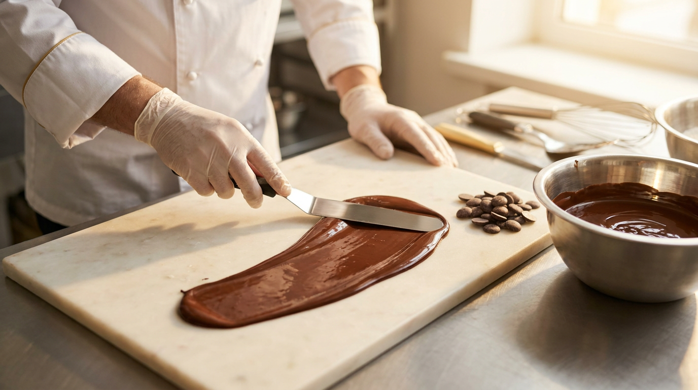 A chocolatier spreading tempered chocolate across a marble slab in a pastry kitchen