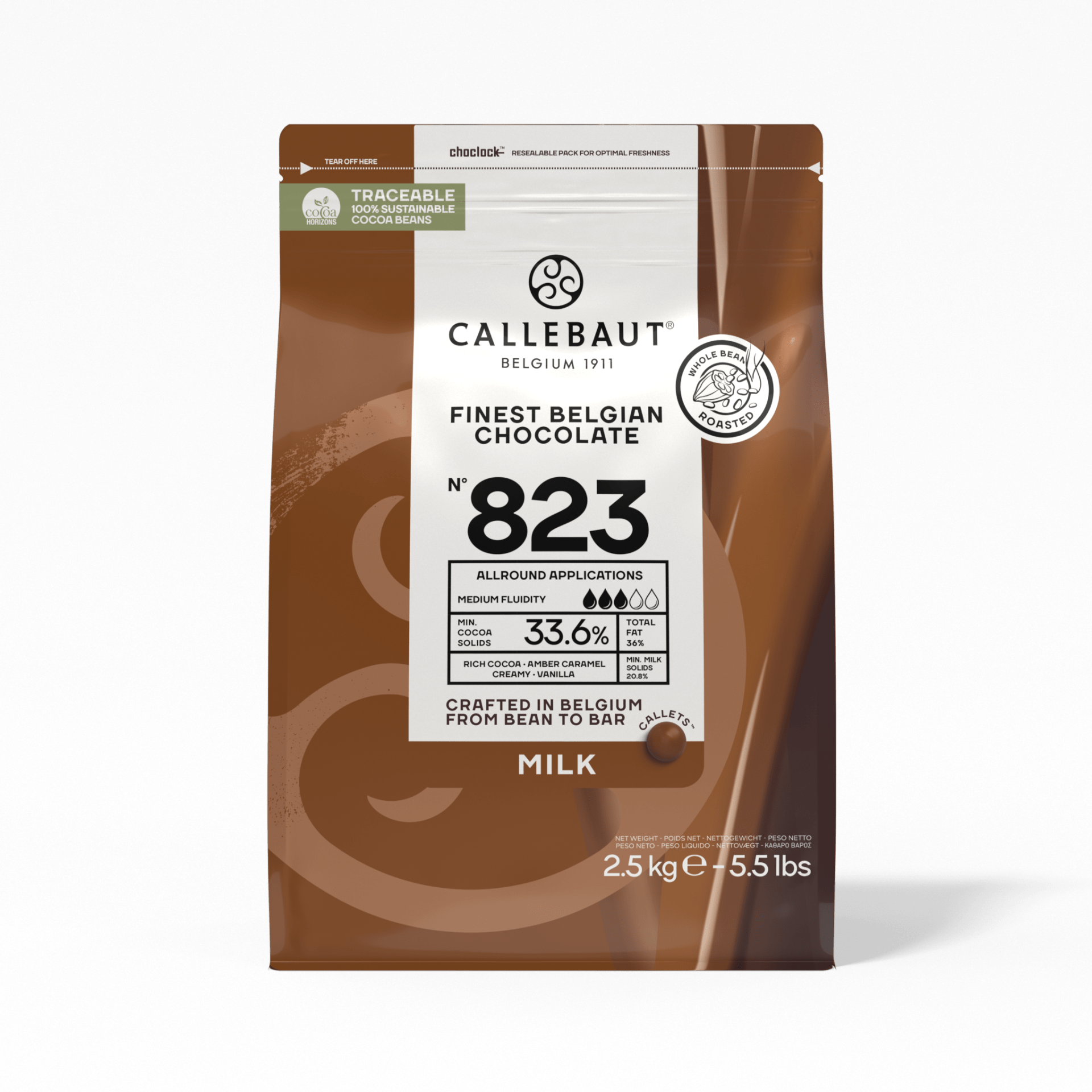 Callebaut 823 milk chocolate callets packaging