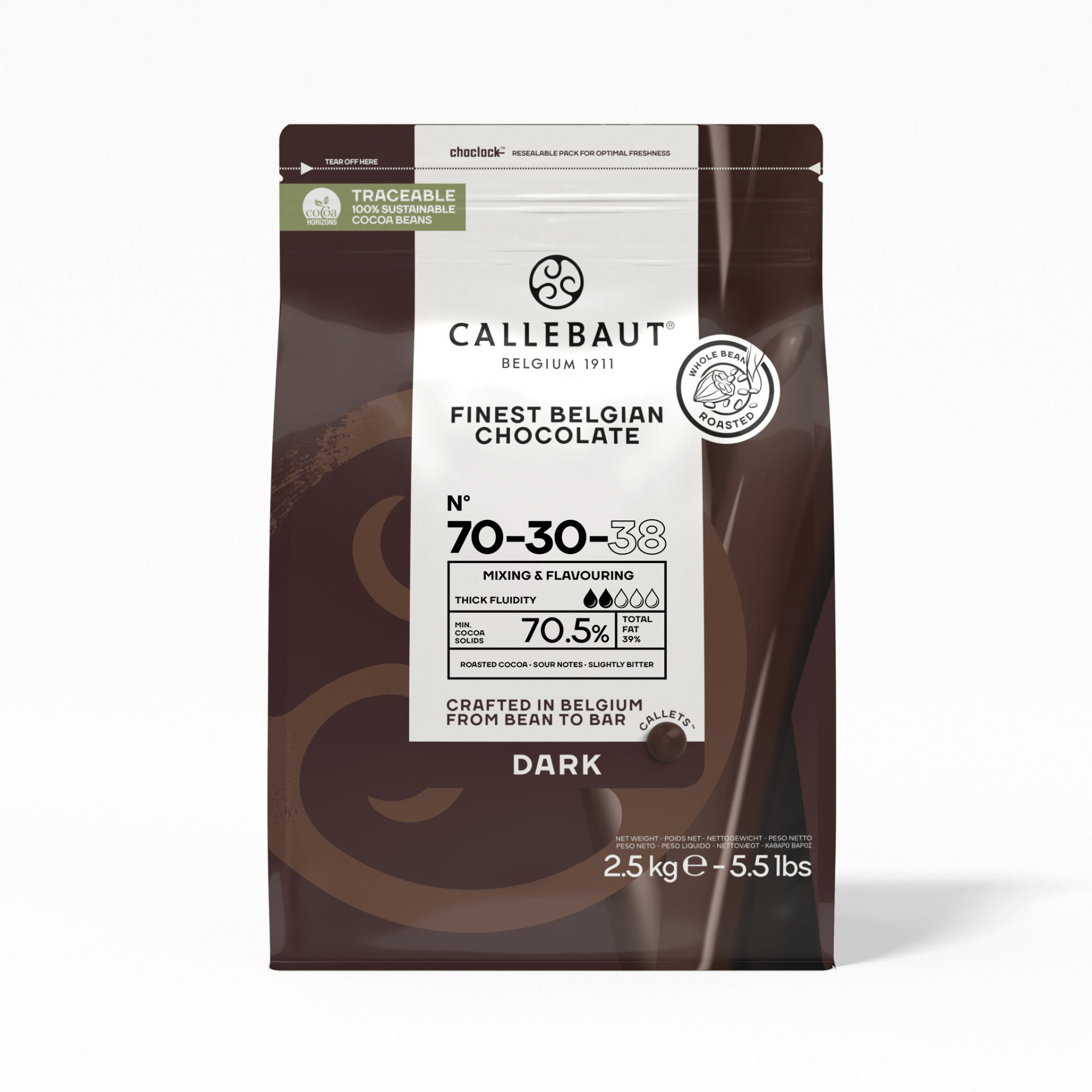 Callebaut 70-30-38 dark chocolate callets packaging