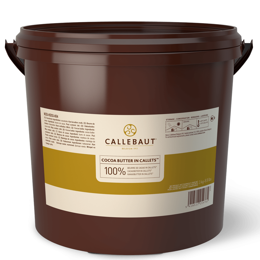 Deodorized cocoa butter pistols in a 3 kg bucket