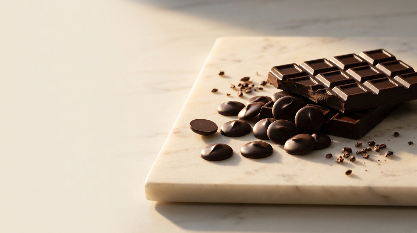 Callebaut chocolate callets and tempered couverture on a marble slab