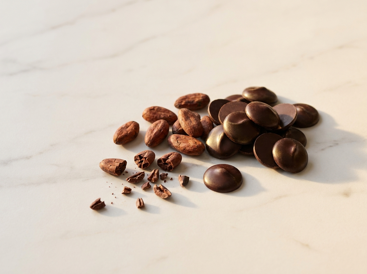 Roasted cocoa beans and nibs beside dark chocolate pistoles on marble
