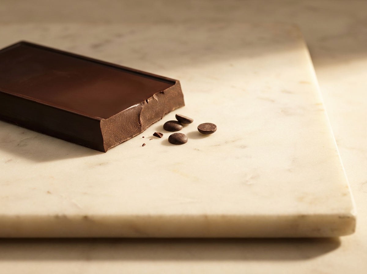 Broken slab of tempered Belgian couverture chocolate on marble