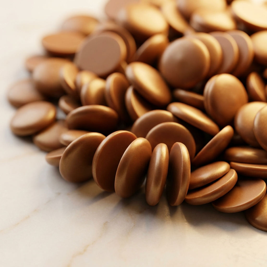 Glossy caramel milk chocolate callets showing the tempered satin finish