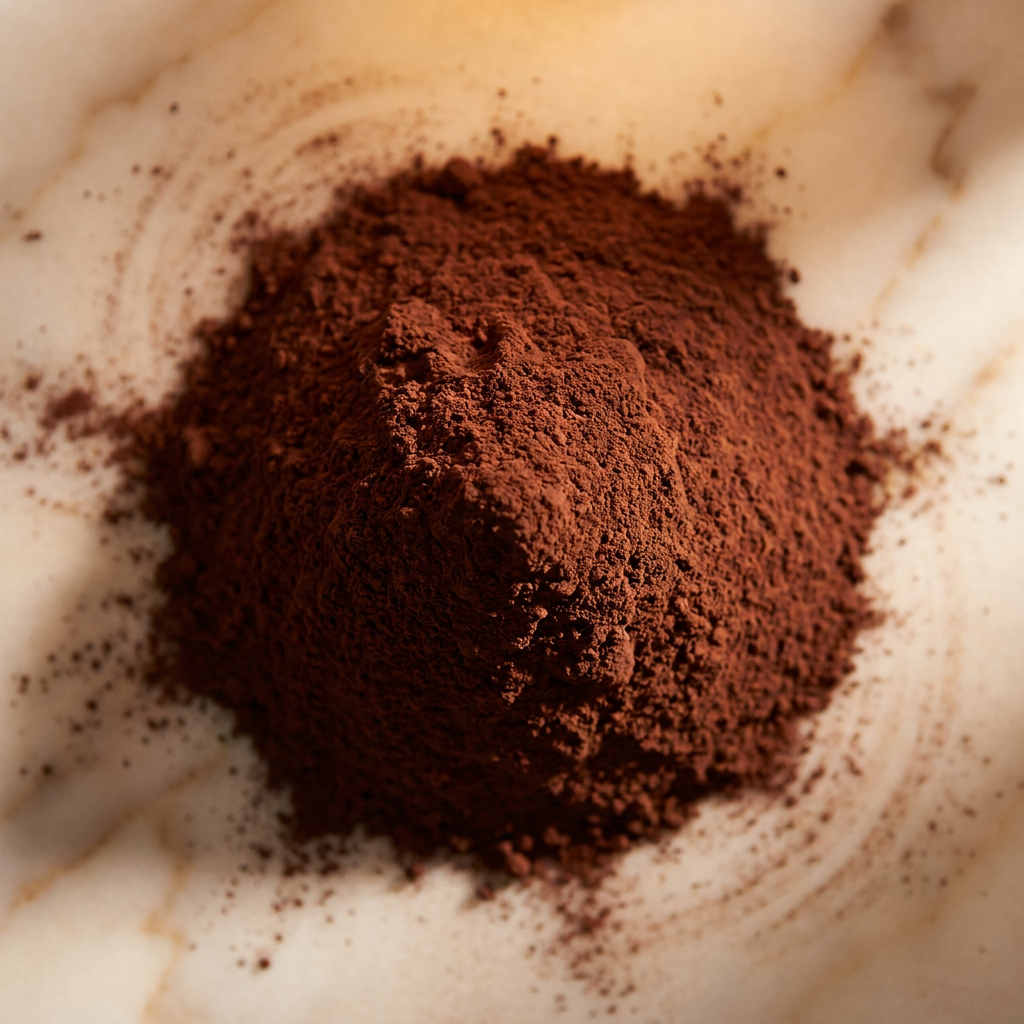 Sifted deep red-brown Dutch-processed cocoa powder on marble
