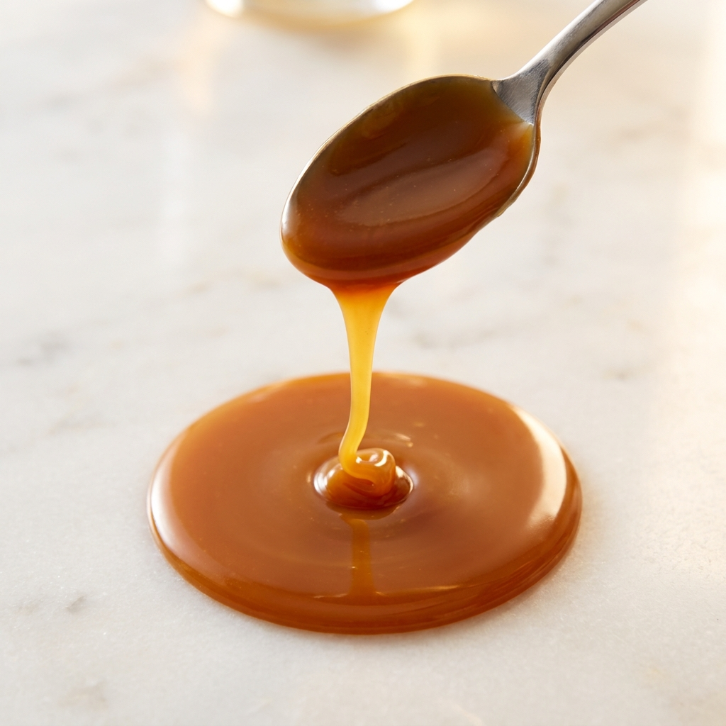 Golden caramel filling falling in a thick ribbon from a spoon