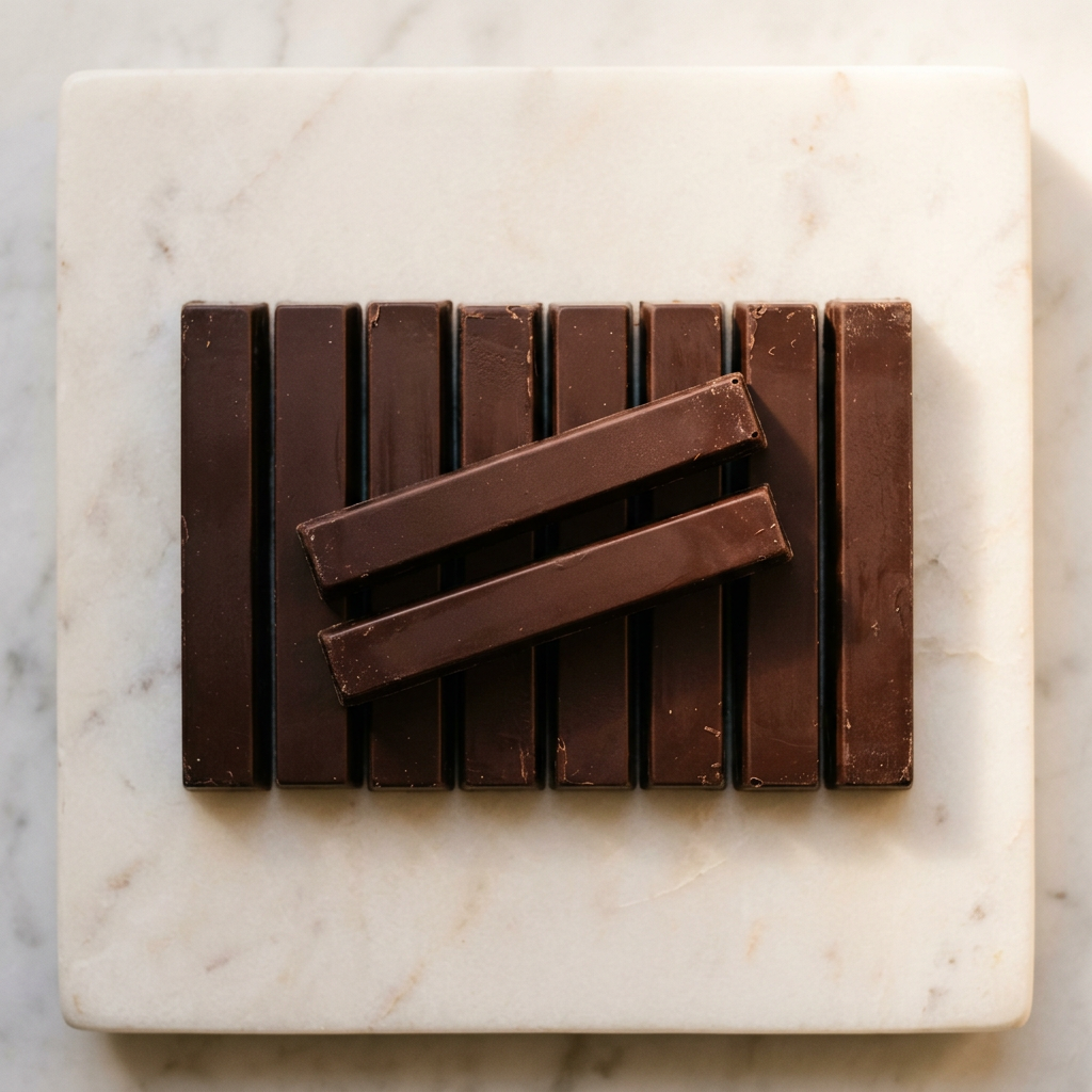 Dark chocolate baking batons arranged in a row on marble