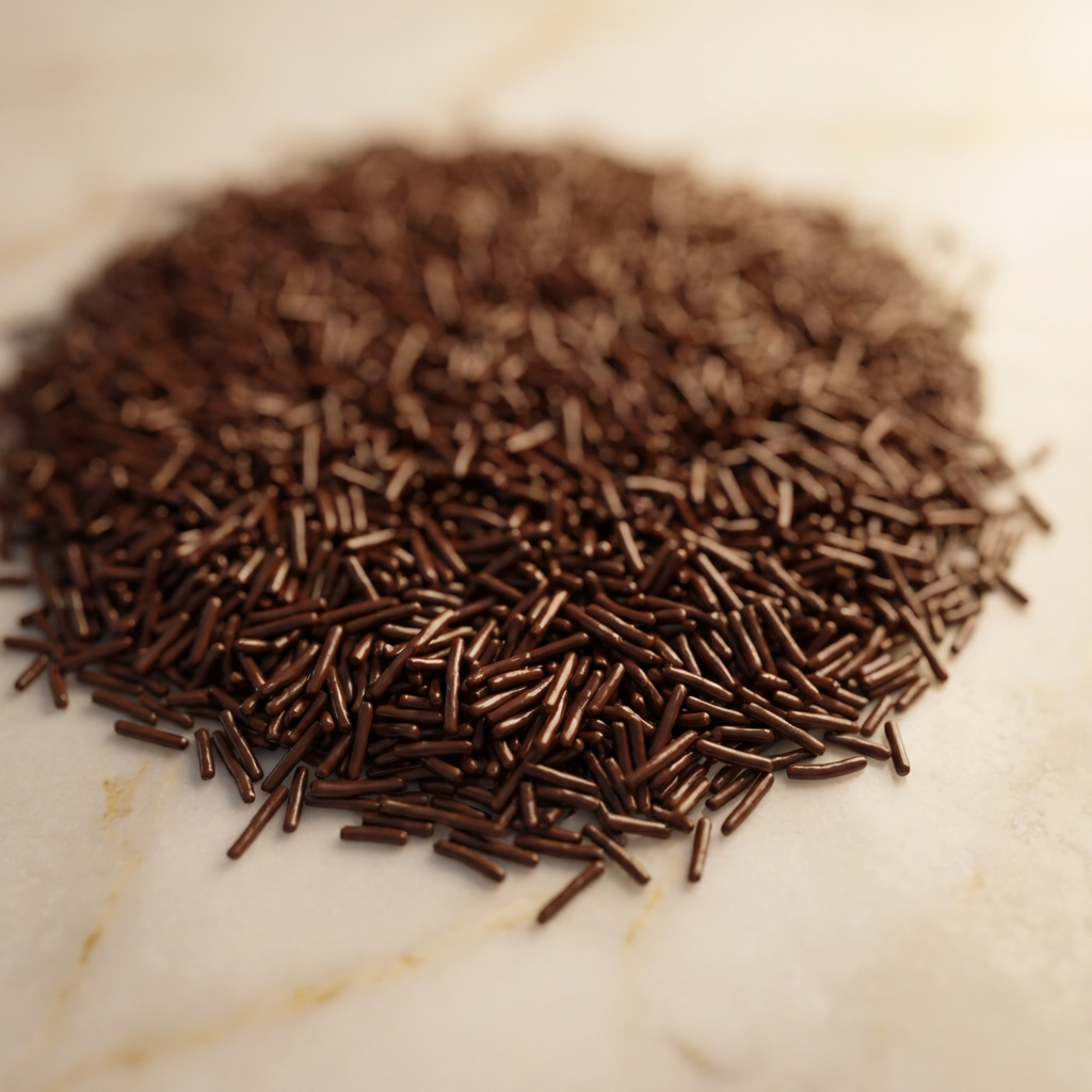 Fine dark chocolate vermicelli strands piled on marble