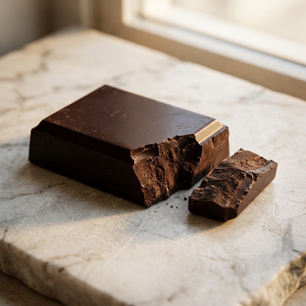Solid block of dark chocolate with a freshly broken corner