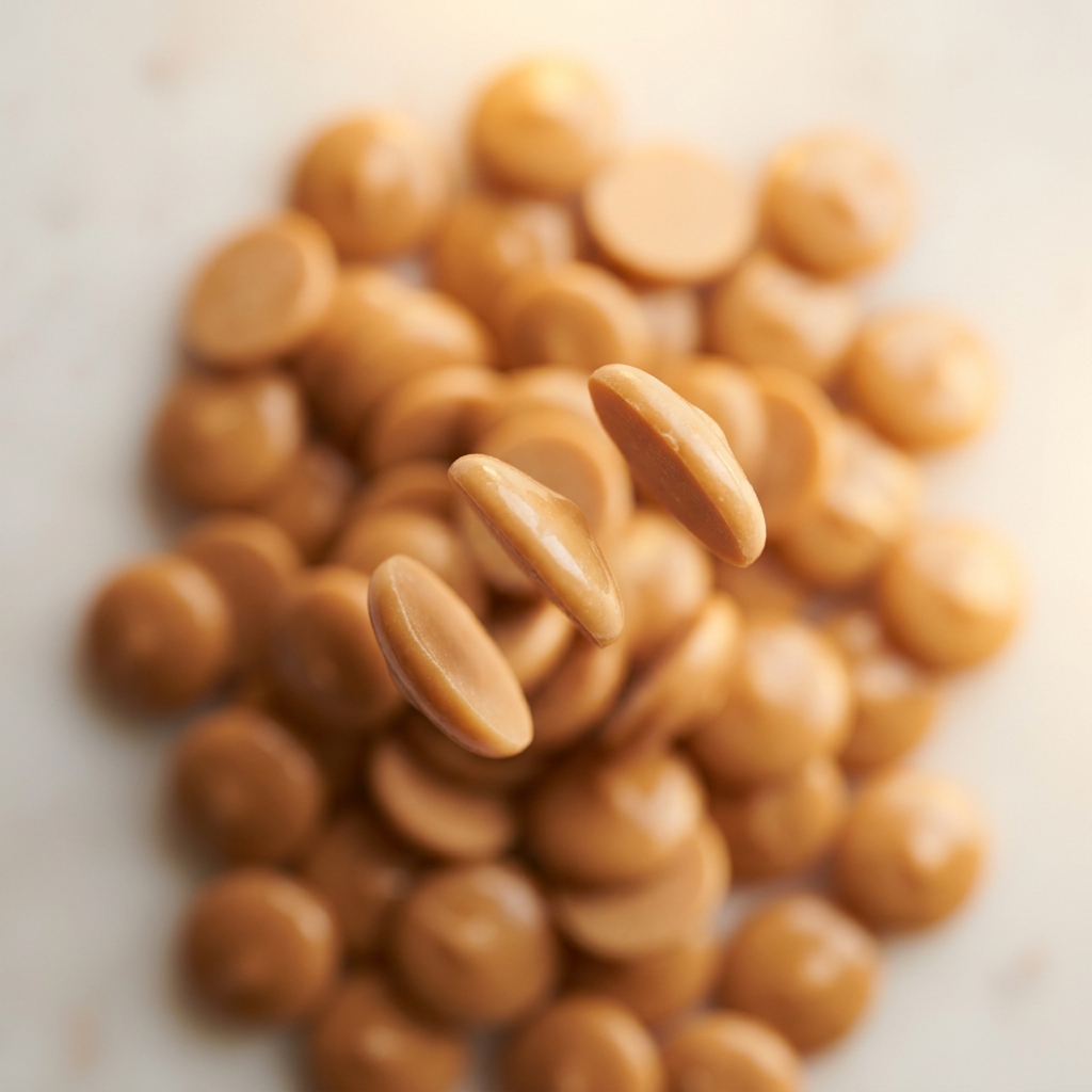 Caramelised white chocolate pistoles in a dulce de leche amber tone