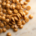 Caramelised gold white chocolate callets in a warm amber tone