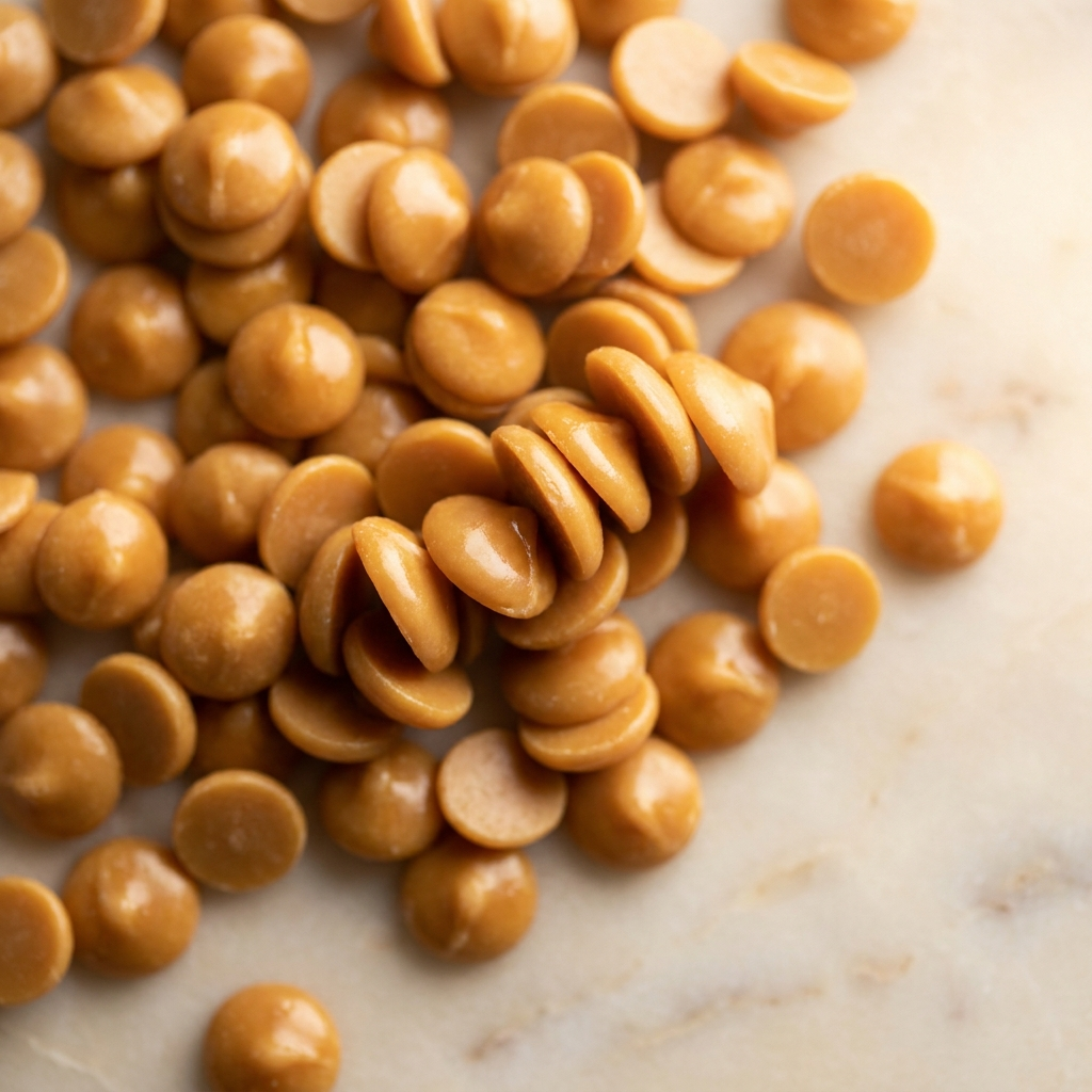 Caramelised gold white chocolate callets in a warm amber tone