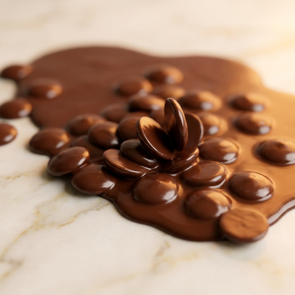 High-fluidity semi-sweet dark chocolate fountain callets on marble