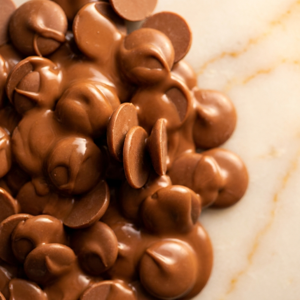 High-fluidity milk chocolate fountain callets on marble