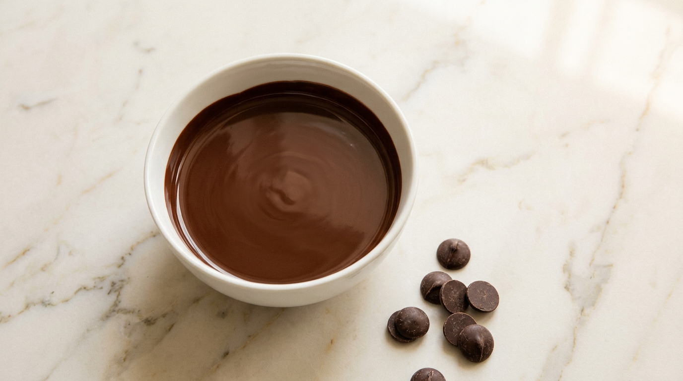 Fully melted dark chocolate, smooth and glossy